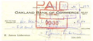 1960 Check Written Out to Martin Luther King Jr. and Endorsed On Back By His Secretary